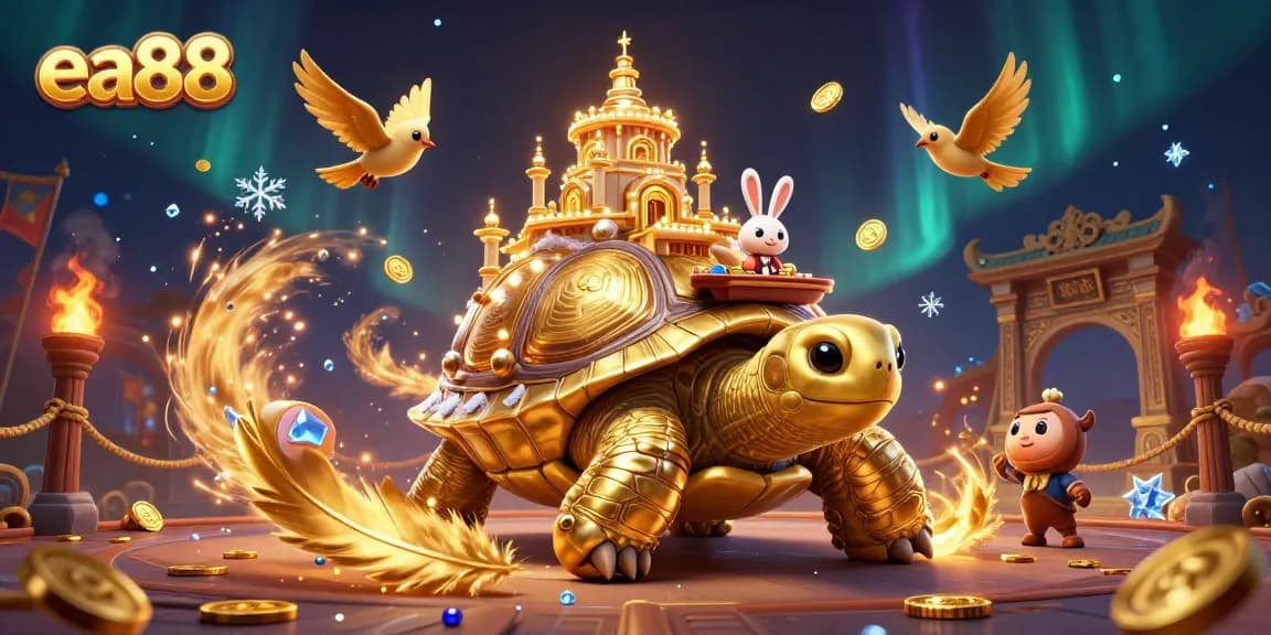 Spin to win with ea88 at a lively casino scene featuring a golden tortoise and winning tokens.