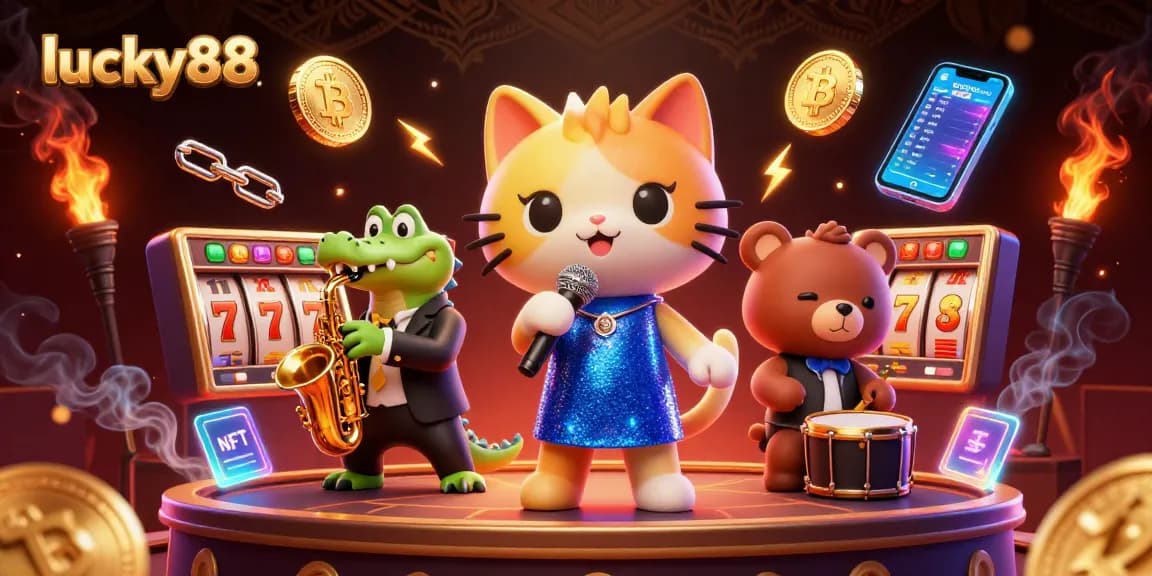 Engage with lucky88 in a vibrant casino illustration featuring playful characters and dynamic game elements.