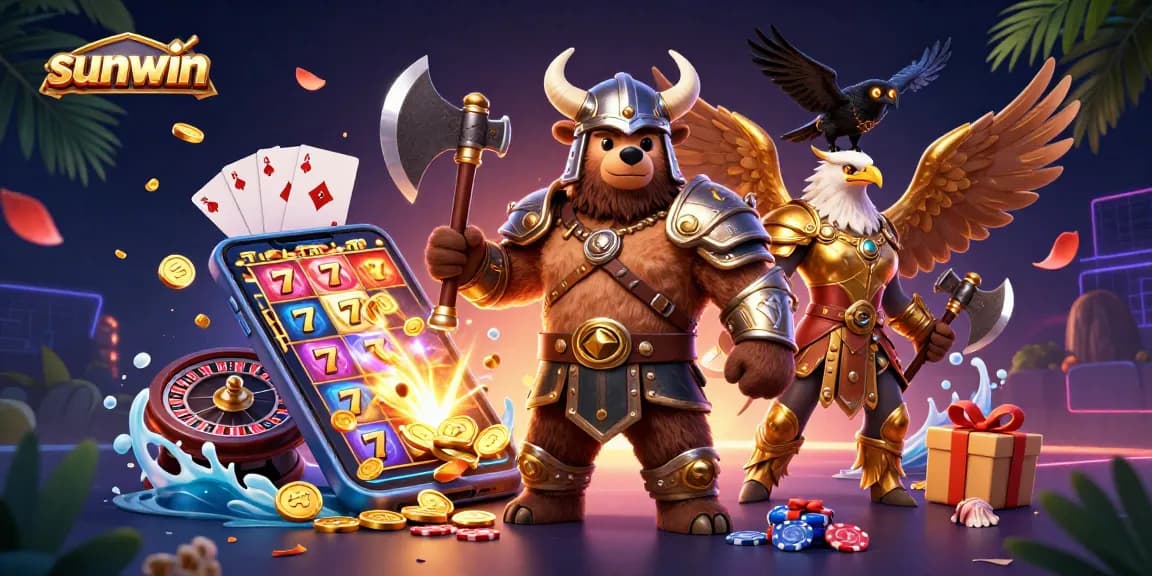 Experience the thrill of sunwin gaming with a Viking berserker surrounded by dynamic casino elements.