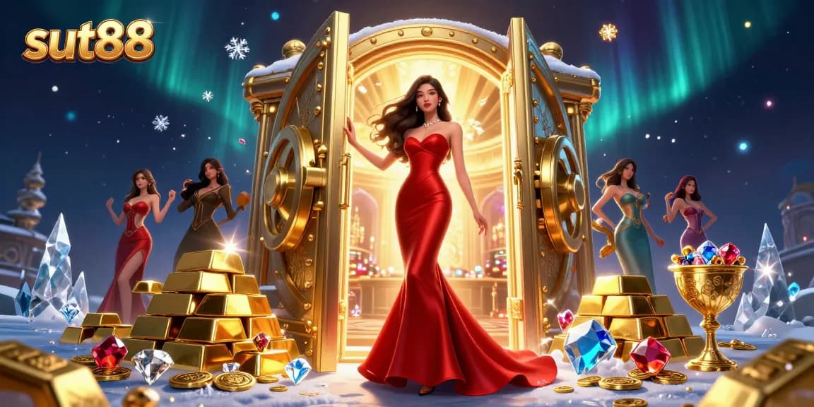Sut88 casino experience highlighted by a luxurious scene with a stunning Asian woman and treasure elements.