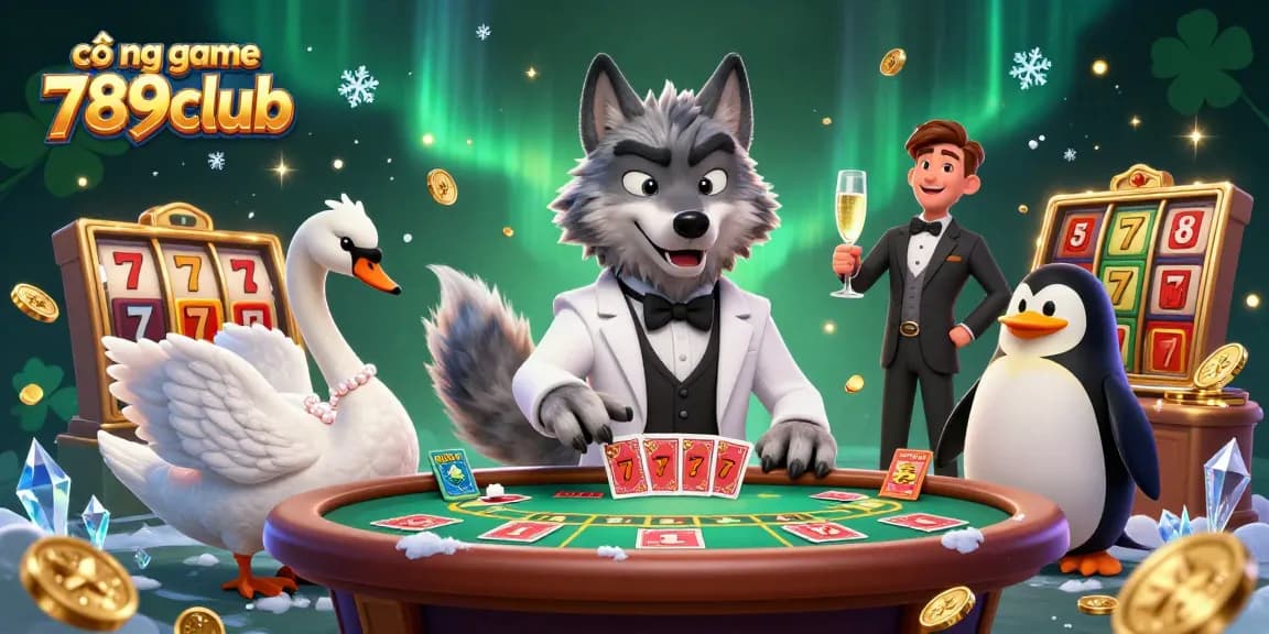 Play engaging games at cổng game 789club with a sophisticated illustration of a debonair wolf, elegant swan, and stylish penguin.