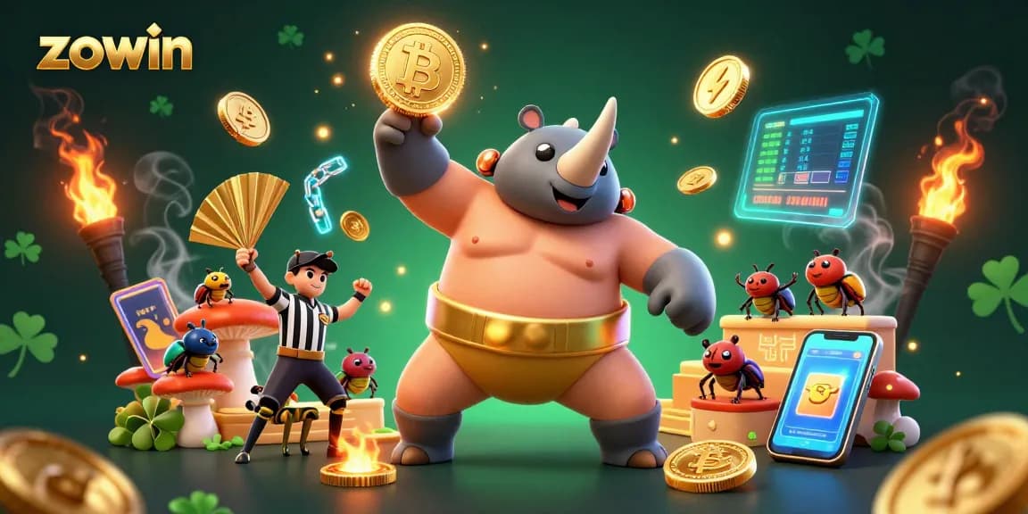 Engage players with Zowin's dynamic 3D casino scene featuring vibrant gold coins and crypto elements.