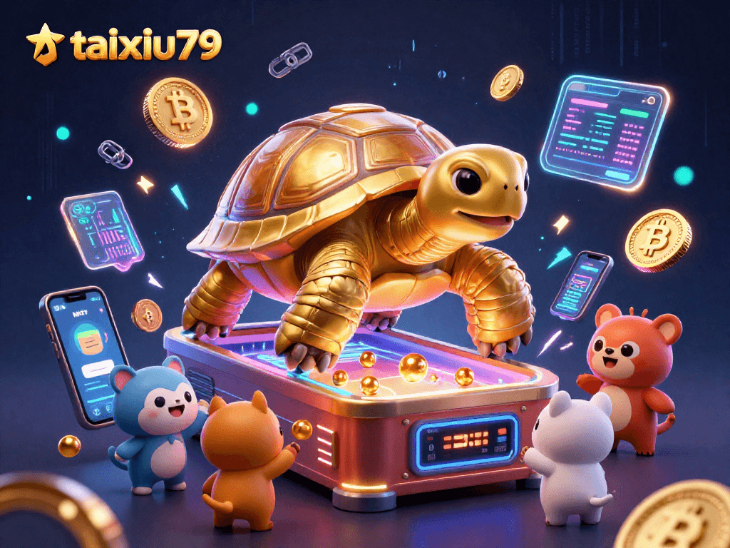 Engage with taixiu79 in a vibrant, animated scene featuring a golden tortoise pinball and crypto coins.