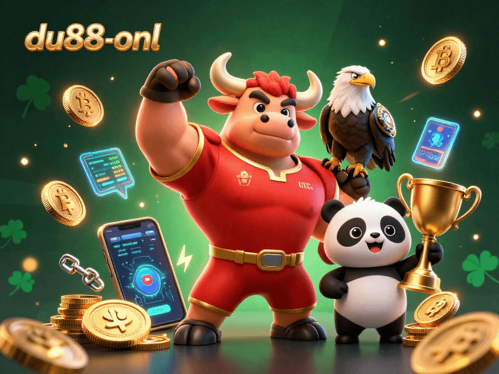 Engage with du88-onl's thrilling gaming scene featuring a victorious mascot, crypto coins, and rich casino elements.