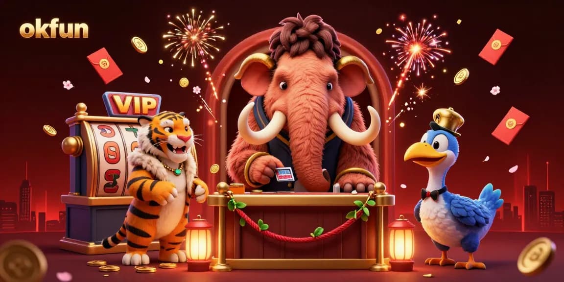Experience the thrill at okfun casino with vibrant characters and dynamic slot games lighting up the scene.