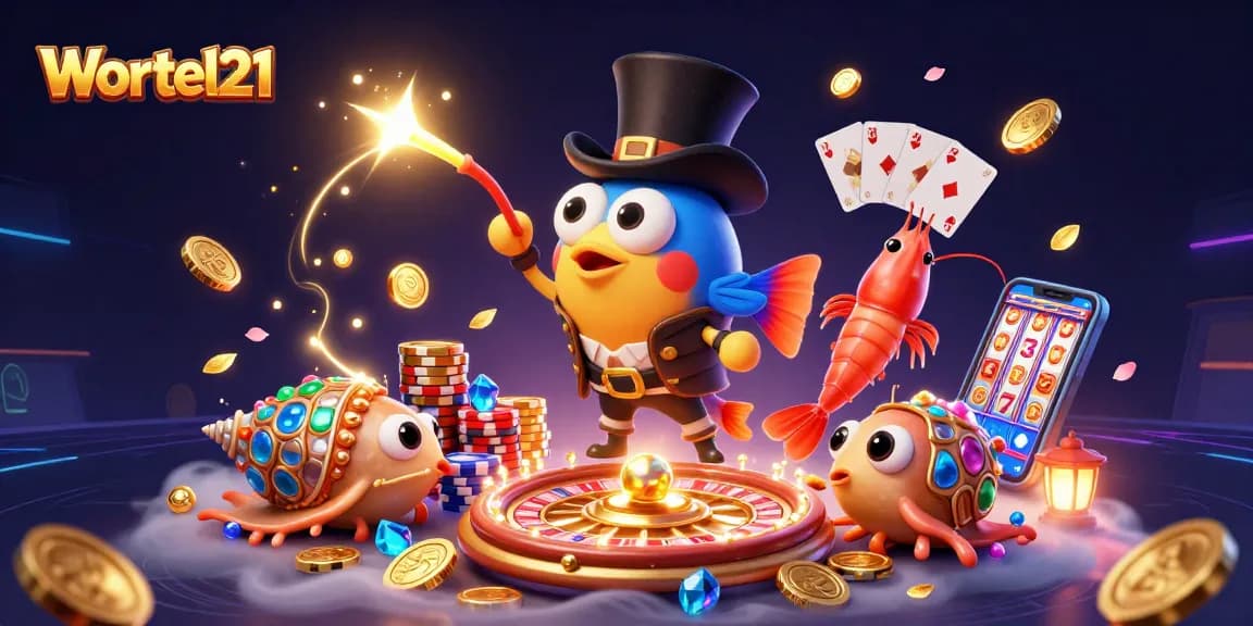 Wortel21 brings excitement as a deep-sea anglerfish attracts golden coins in a lively casino illustration.