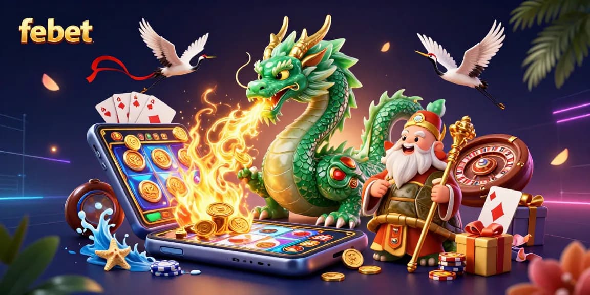 Engage with febet's vibrant casino scene featuring dragon, turtle sage, and playful cranes amidst gaming elements.