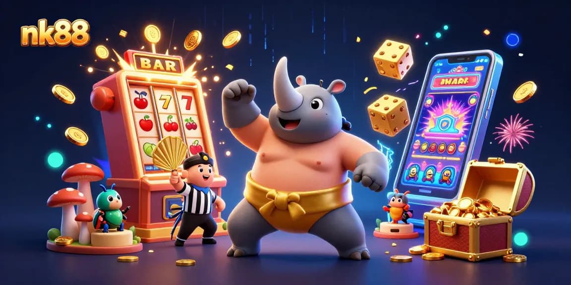 Experience thrilling wins at nk88 with a sumo beetle champion celebrating a jackpot explosion of coins.
