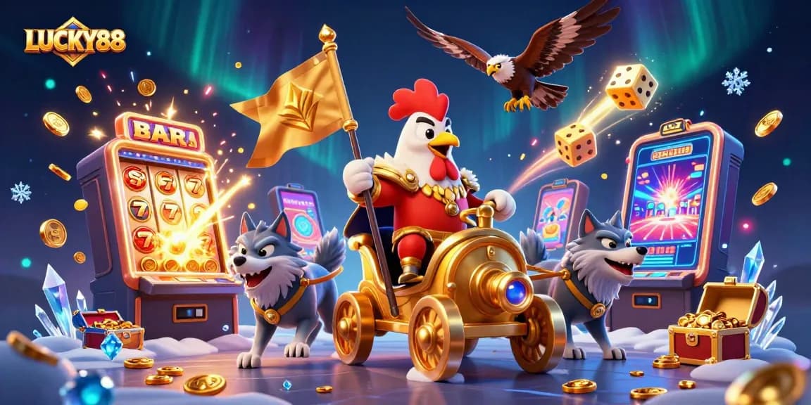 Experience the excitement of LUCKY88 with vibrant casino elements and thrilling 3D illustrations.