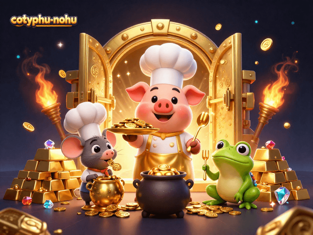 Join the excitement of cotyphu-nohu as the chef pig serves gold coins amidst dazzling treasures!
