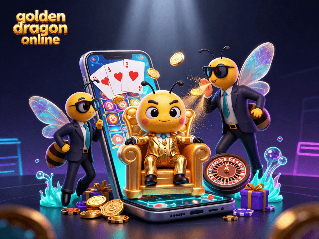 Experience the excitement of golden dragon online slots with a dynamic 3D scene featuring vibrant characters and game elements.
