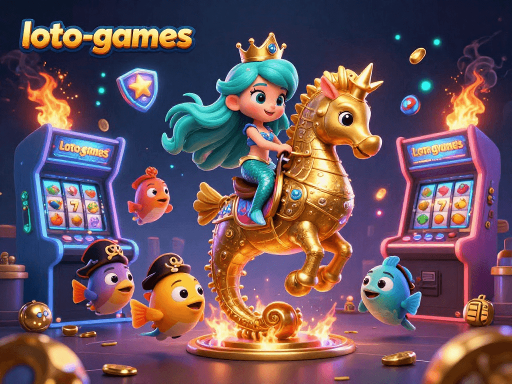 Engage with loto-games in a vibrant scene featuring a mermaid princess and giant seahorse surrounded by casino elements.