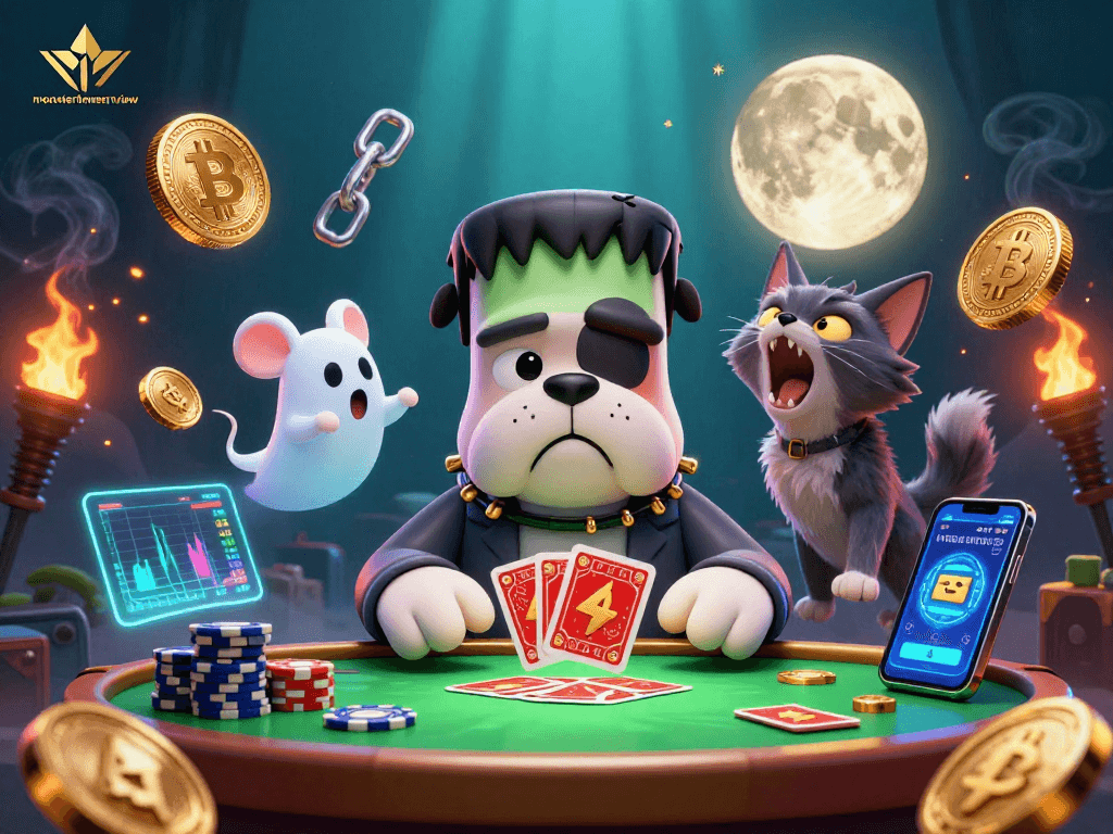 Players strategize in the thrilling monstertowerreview casino scene with vibrant characters and Bitcoin elements.