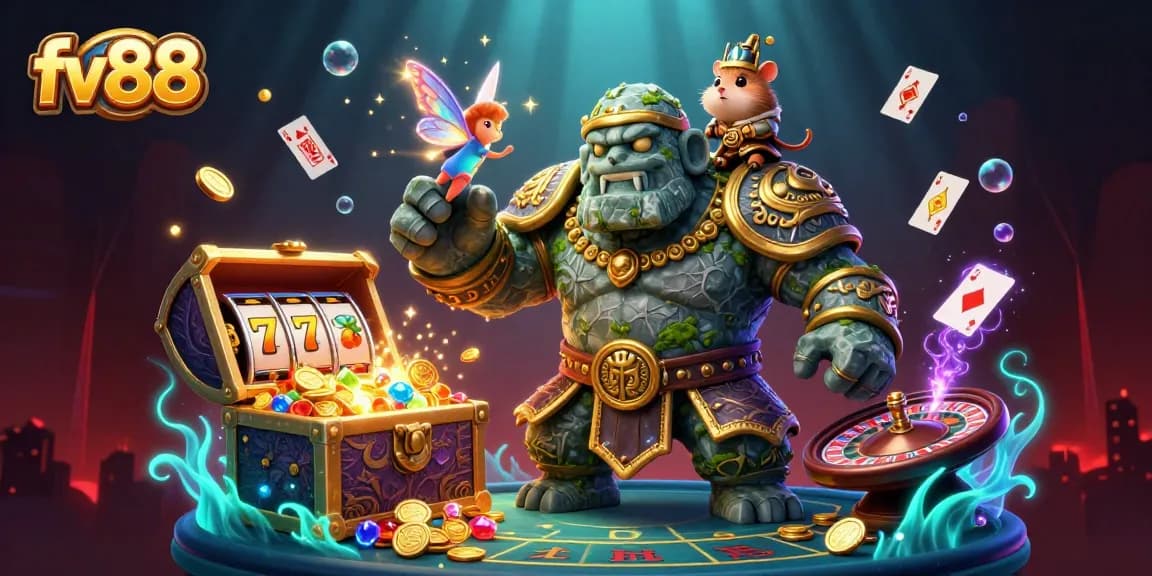 Experience the thrill of winning at fv88 with iconic slot reels and vibrant gaming elements.