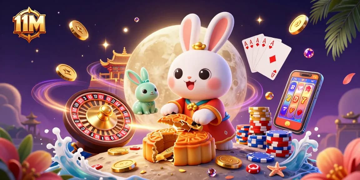 11M scene showcasing a moon rabbit with poker chips and casino elements, celebrating the gambling spirit.