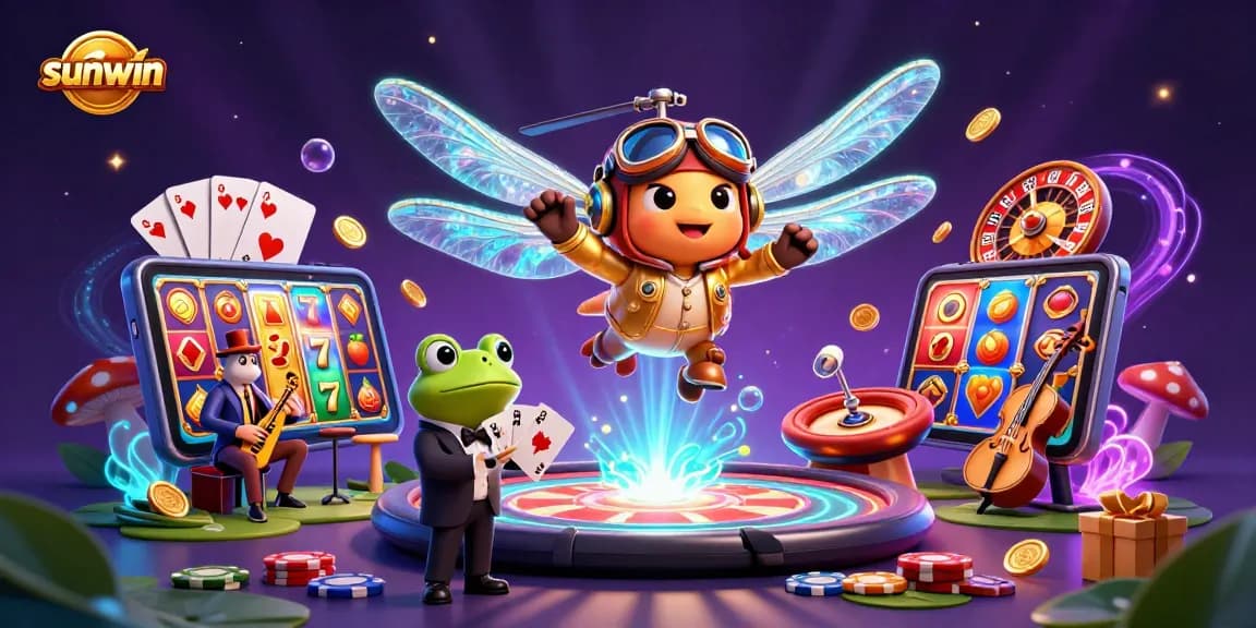 Engage with sunwin's vibrant 3D casino scene featuring a dragonfly pilot and frog croupier.
