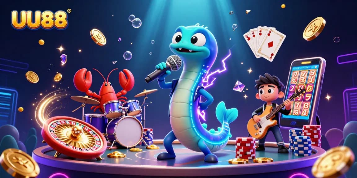 Experience the electric atmosphere of UU88's underwater casino with vibrant game elements and characters.