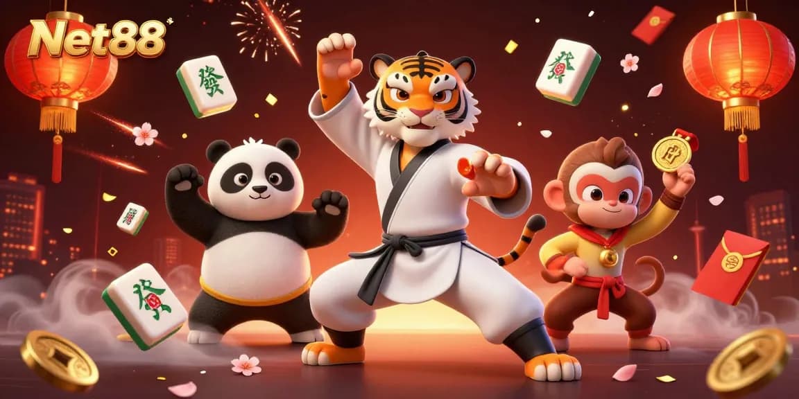Engage with Net88's thrilling action of a kung fu tiger master illuminated with festive elements.