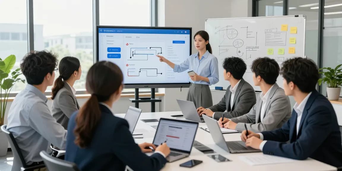 Team discussing strategies for an online payment gateway in a modern office setting, showcasing analytics and collaboration.