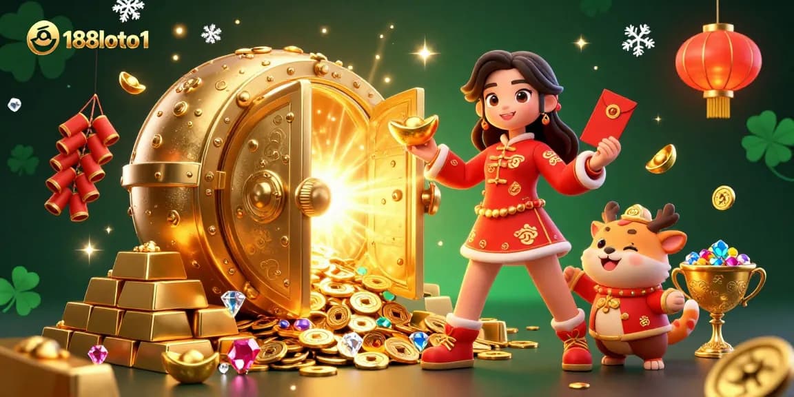 Experience a vibrant Lunar New Year celebration with 188loto1, featuring festive characters and golden treasures.