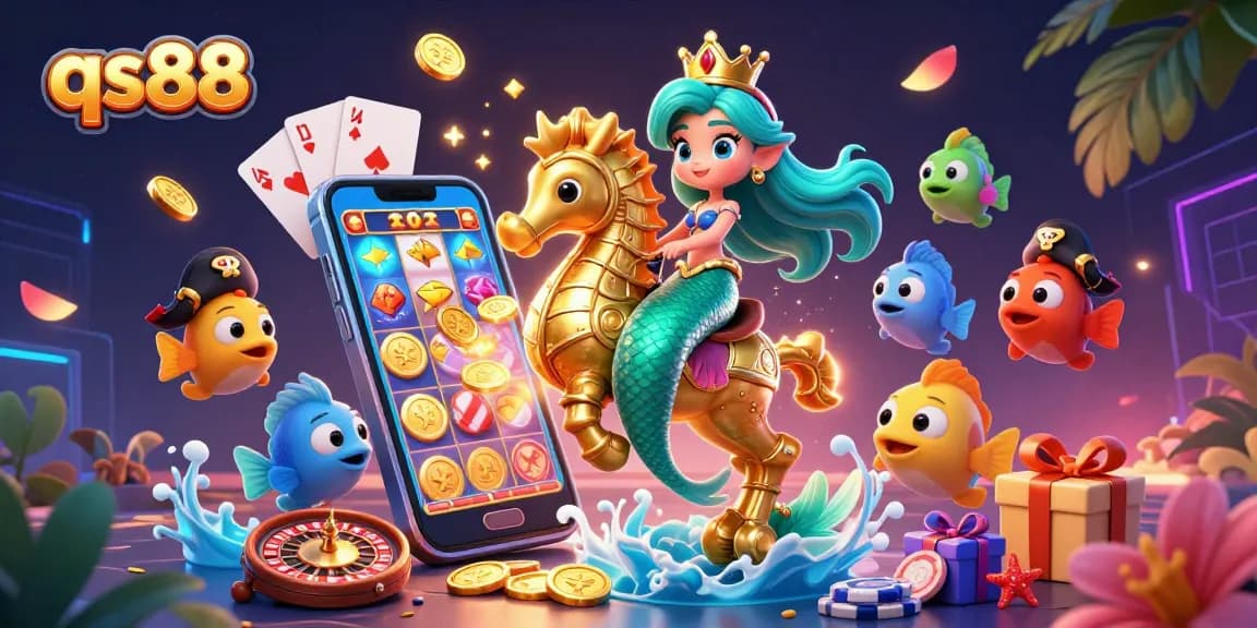 Join the excitement of qs88 as a mermaid princess rides a seahorse with vibrant casino game elements.