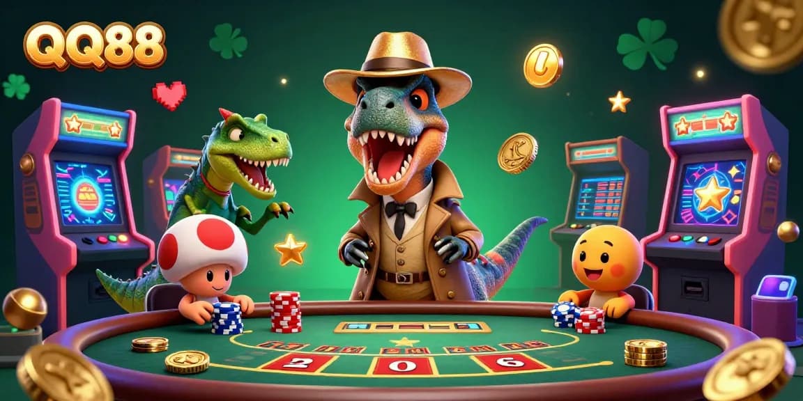 Experience thrilling gameplay at QQ88 with vibrant cartoon characters in a lively casino atmosphere.