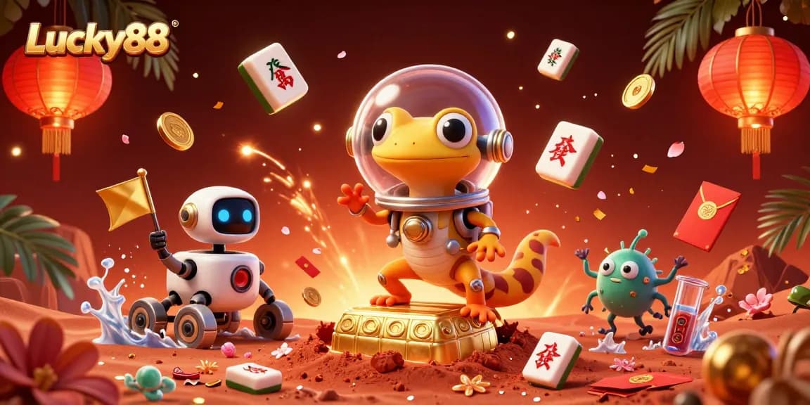 Spin the reels with Lucky88 in a vibrant, engaging casino scene featuring unique characters and elements.