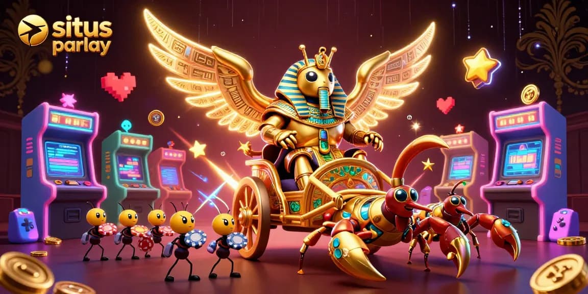 Experience situs parlay strategy through a vibrant 3D illustration of a majestic beetle and scorpions in dynamic action.