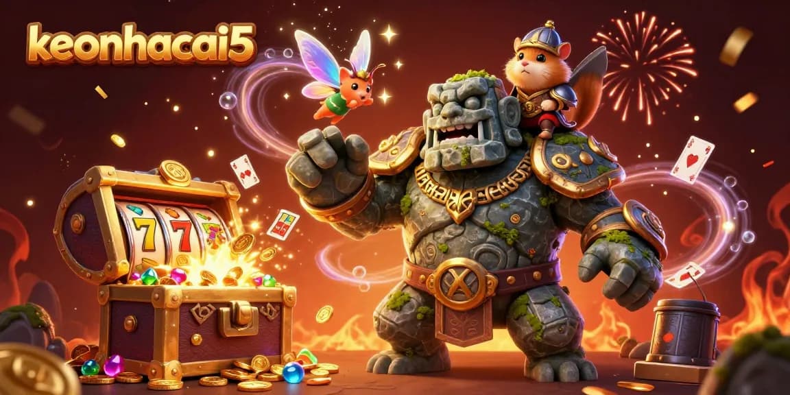 Engage with keonhacai5's vibrant animated scene, featuring a magical golem and treasures.