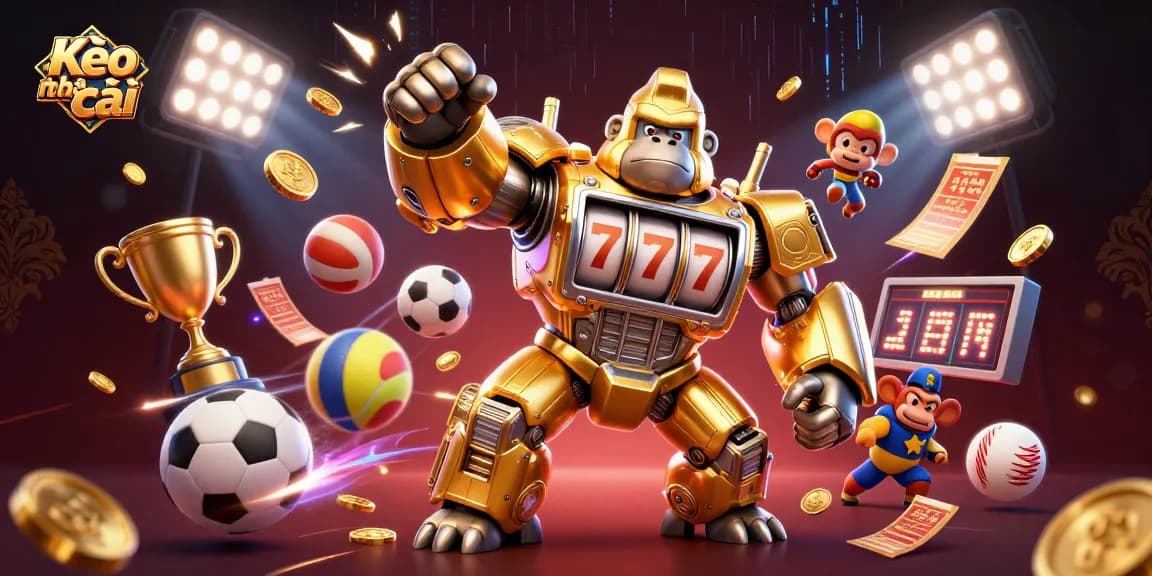 Kèo nhà cái: Engage in exhilarating sports betting action with dynamic visuals and gold coins exploding.