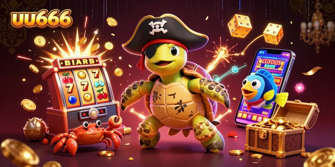 Play thrilling games at uu666 with a 3D pirate turtle and vibrant casino elements.