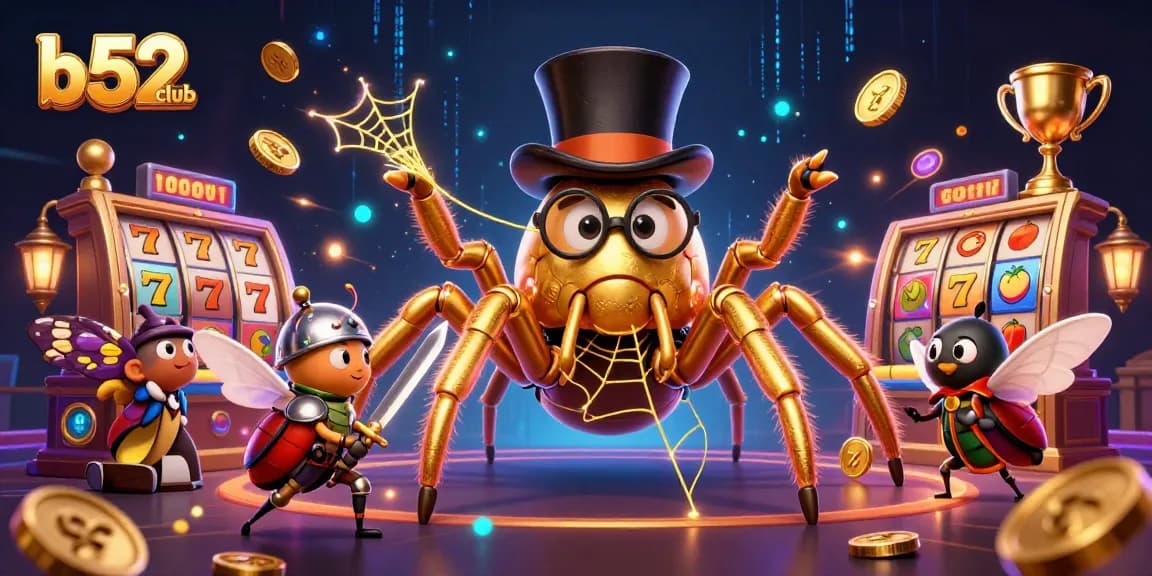 B52club players engage in thrilling slot games with vibrant golden tarantula and beetle knight animation.