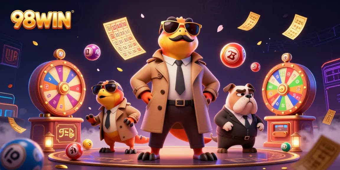 Engage with 98WIN's vibrant casino atmosphere through playful raptors in disguise, amidst colorful lottery elements.