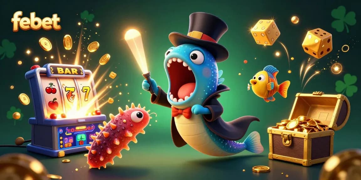 Experience the excitement at febet with thrilling card tricks by a cartoon fish and jackpots bursting with coins.
