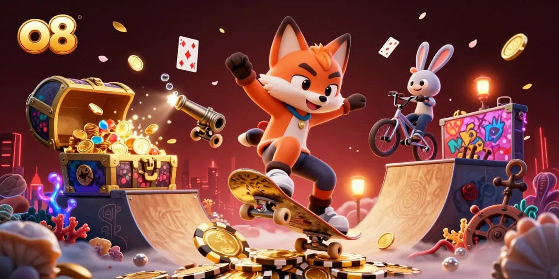 Engaging scene featuring o8's cartoon fox and rabbit showcasing thrilling gambling actions among vibrant casino elements.