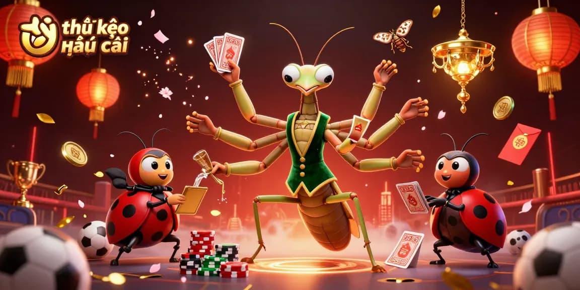 Engage with the tỷ lệ kèo nhà cái exciting scene of betting, featuring a mantis card sharp and ladybug pit boss.