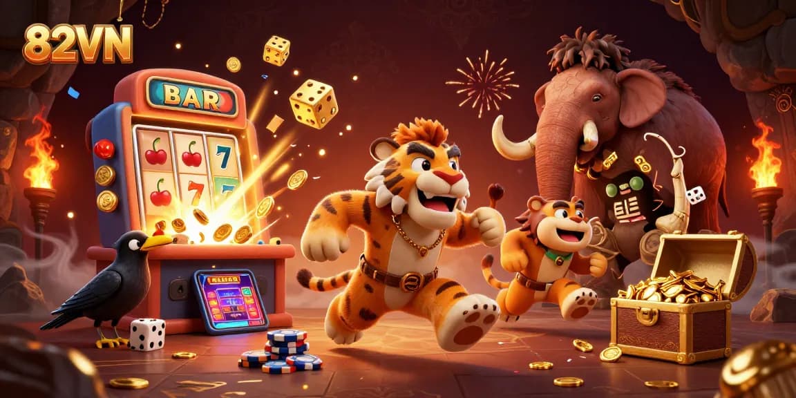 Experience thrilling wins with 82VN's vibrant casino illustration showcasing unique gaming elements.