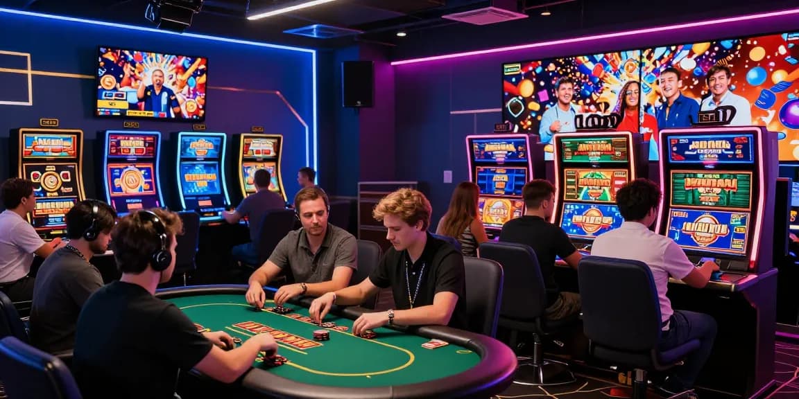 Exciting online gaming scene on Trang Chủ F168 with diverse players, colorful slot games, and celebratory moments.