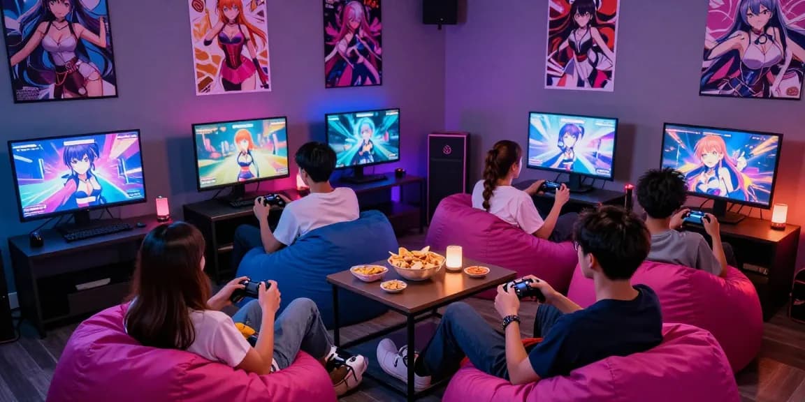 Friends enjoying real ecchi games in a vibrant gaming lounge with colorful LED lighting and interactive gameplay.