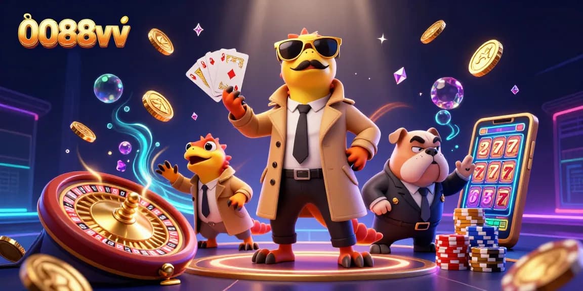 Bet big at 0088vv casino, featuring raptors in a trench coat and tons of golden coins!