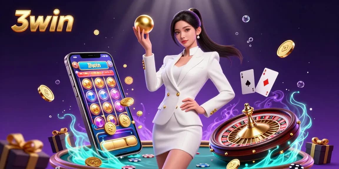 Experience the excitement of 3win with vibrant casino elements and a stunning model showcasing gaming allure.