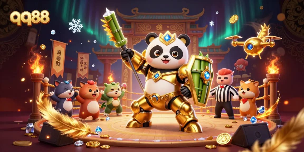 Engage with thrilling gambling adventures in qq88 as a mech-suit panda battles in a vibrant casino arena.