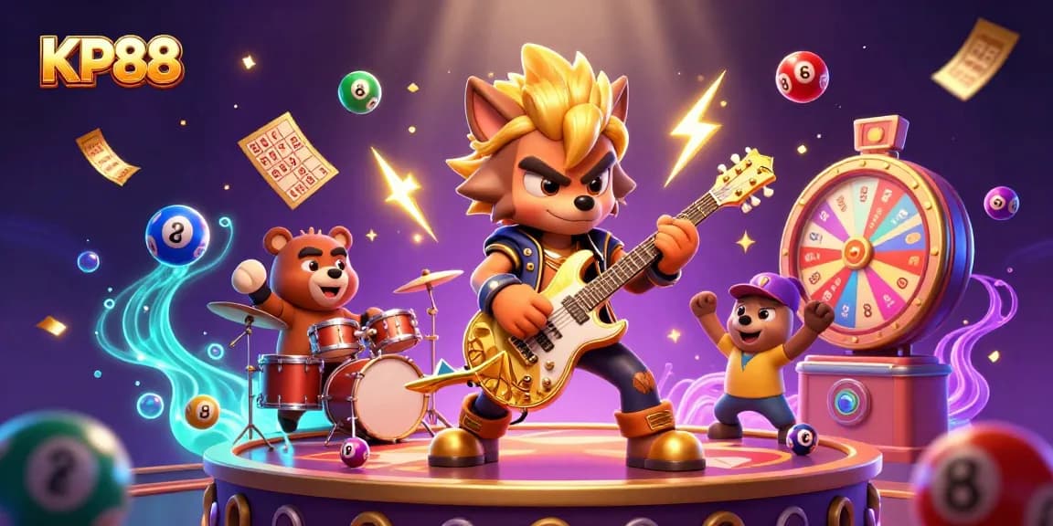Experience KP88's vibrant gaming scene with cartoon characters performing amidst dynamic gambling elements.