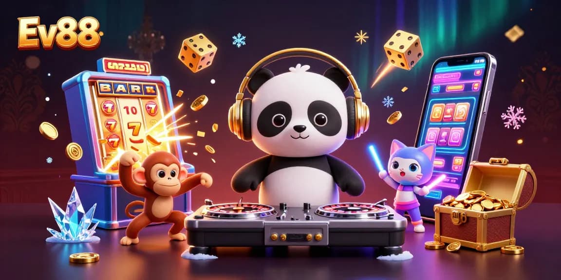 Play exciting casino games like Ev88 with vibrant characters and jackpot elements in a lively atmosphere.