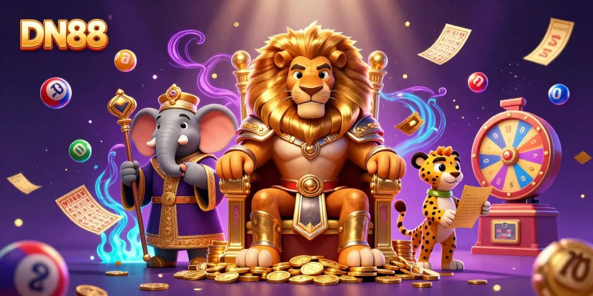 Enjoy thrilling gameplay at DN88 featuring a fierce lion king and exciting casino elements.