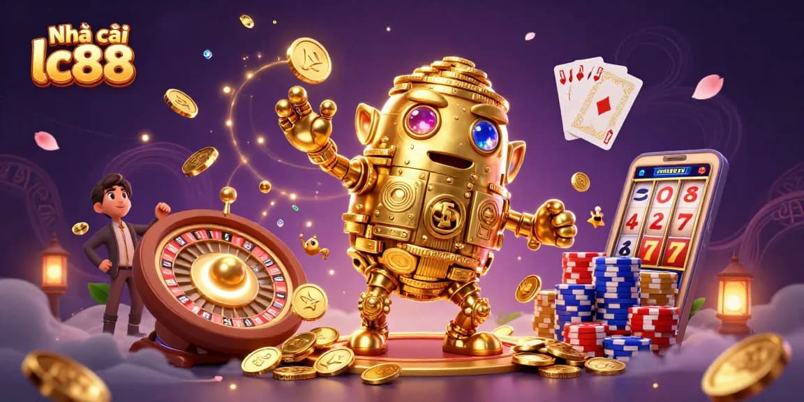 Experience the excitement at Nhà cái lc88 with a vibrant 3D casino illustration filled with golden coins and game elements.