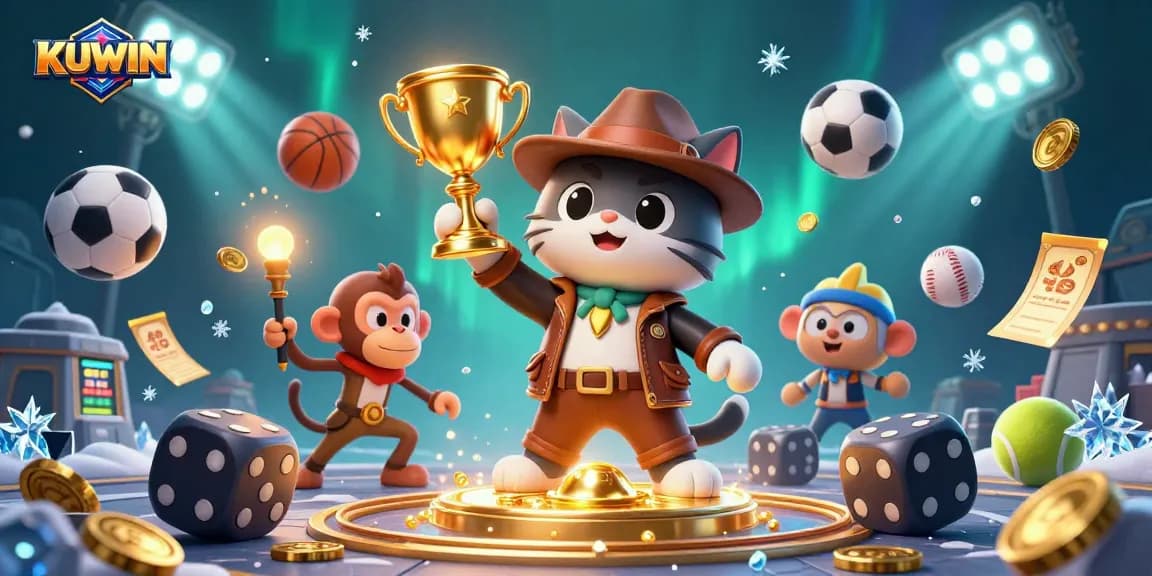 KUWIN's vibrant scene highlights a thrilling casino adventure with dynamic sports and treasure.