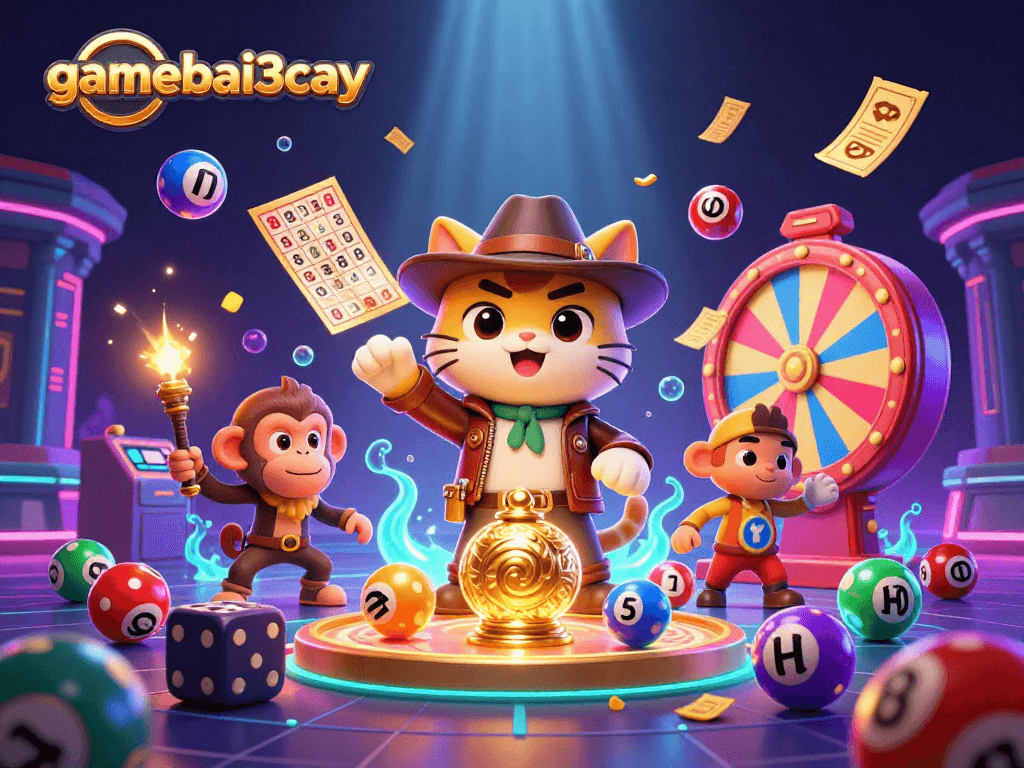 Experience the excitement of gamebai3cay with a playful cat archaeologist and vibrant casino elements.