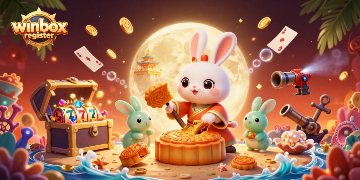 Experience the excitement of winbox register with a vibrant gaming scene featuring moon rabbits and golden treasures.