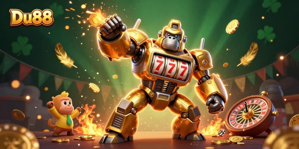 Experience thrilling gameplay with Du88's golden gorilla mech amidst casino action and excitement.